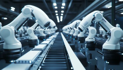 Poster - Row of White Robotic Arms on an Automated Production Line