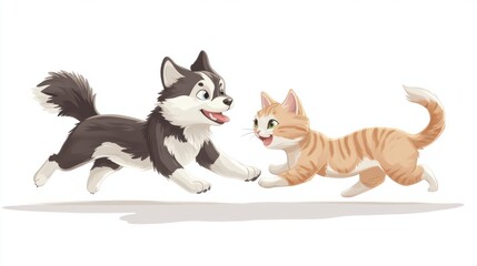 Wall Mural - Cartoon Siberian Husky running alongside a cartoon cat, both playing together, isolated on a clean white background