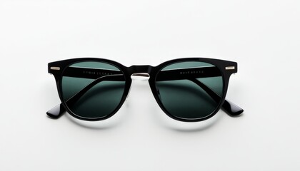 Elegant black sunglasses featuring green lenses, showcased against a clean white background. Perfect for fashion and eyewear concepts, emphasizing modern style and simplicity.