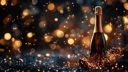 A festive bottle of champagne surrounded by sparkling lights.