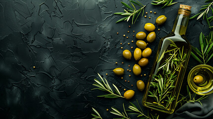 olives and olive oil and rosemary. isolated on black wooden background.