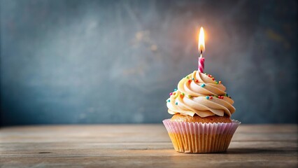 Birthday cupcake with lit candle number seven for seventh anniversary