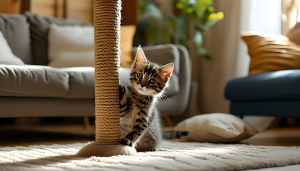 Playful kitten exploring scratching post in a warm, inviting living room