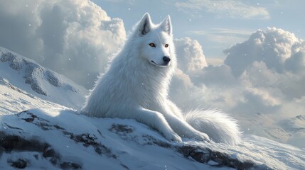 A white wolf with amber eyes sits on a snowy mountain peak against a backdrop of fluffy clouds.