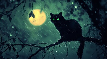 Black Cat in the Rain with Full Moon