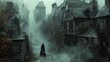 © A4719 - Mysterious Figure Walking Through Foggy Medieval Town