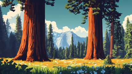 Wall Mural - Giant sequoia trees in a meadow at mariposa grove yosemite national park, california, usa - generative ai. Redwood Forest. Illustration