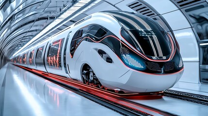 A futuristic high-speed train zooms through a modern tunnel, merging speed with technology.