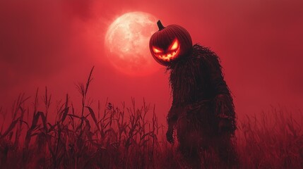 Halloween Pumpkin Scarecrow in Cornfield with Full Moon