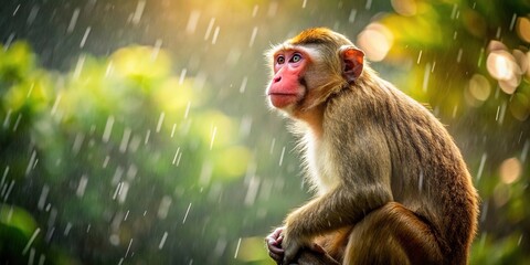 Brown monkey in natural habitat under sun and rain