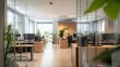 © B 7 YOU - Modern office interior with wooden desks, glass partitions, and green plants.