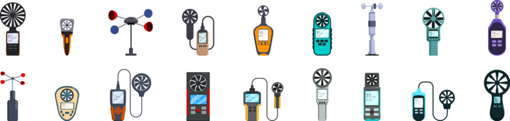 Poster - Anemometer icons set. Collection of anemometers showing wind speed measurement in different ways