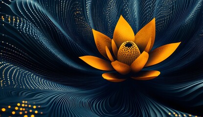 Poster - Abstract Golden Lotus Flower on Blue Wavy Background