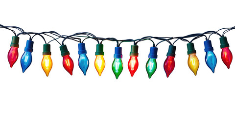 Wall Mural - a string of colorful christmas lights with bulbs lit up in red, green, blue, and yellow isolated on 