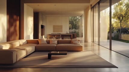 Wall Mural - Modern living room with large sectional sofa,  sliding glass doors to a patio with a green lawn,  a rug, and a coffee table.