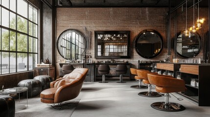 Wall Mural - Modern barbershop interior with exposed brick walls, large windows, and stylish leather chairs.