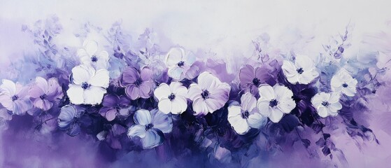 Wall Mural - Oil painting showcasing a blend of purple and white flowers highlighting their unique beauty and elegance