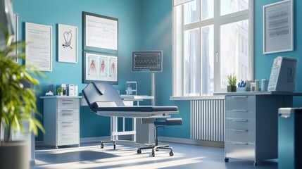 Wall Mural - Empty medical examination room with an examination table, a cabinet, a plant, and a monitor showing a heart rate.