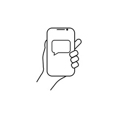 Poster - Vector linear phone and technology icons with smart phone in hand gesture with message on touchscreen | flat design thin line modern black illustration and