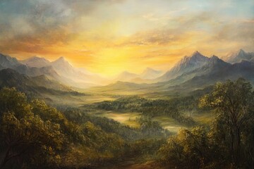 Wall Mural - Sunrise over mountains depicted in an oil painting showcasing a serene landscape and natural beauty