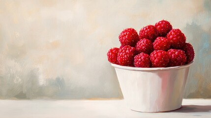 Oil painting depicting fresh red raspberries in a paper cup against a white table backdrop showcasing vibrant berries and a clean surface