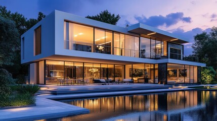 Wall Mural - Modern house with a pool and a deck in the evening.