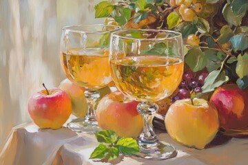 Wall Mural - Close up oil painting of glasses filled with apple juice accompanied by fresh fruits and mint on a table