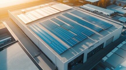 Aerial view of a large building with solar panels on the roof.