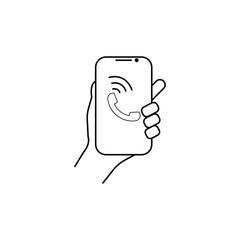 Fototapete - Vector linear phone and technology icons with hand phone call gesture holding phone in one hand | flat design thin line modern black illustration and
