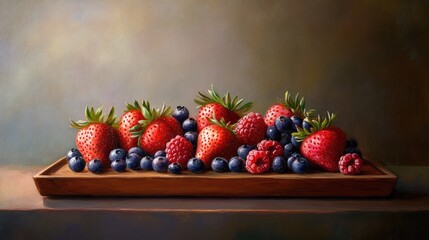 Wall Mural - Oil painting showcasing an arrangement of strawberries blueberries and raspberries on a wooden tray with a soft background