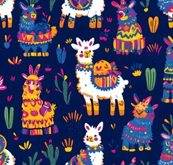 Canvas Print - Cute Cartoon Llamas in Colorful Mexican Patterns