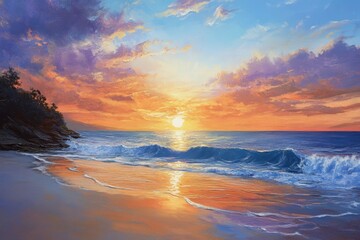 Wall Mural - Oil painting showcasing a stunning sunset over a beach scene highlighting vibrant colors and serene coastal beauty