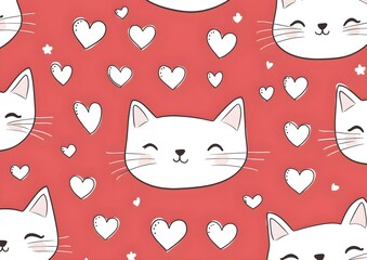 Canvas Print - Cute Cat Face Seamless Pattern with Hearts