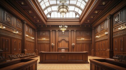 a grand, wooden courtroom interior with a high, arched ceiling, ornate details and a judge's bench.