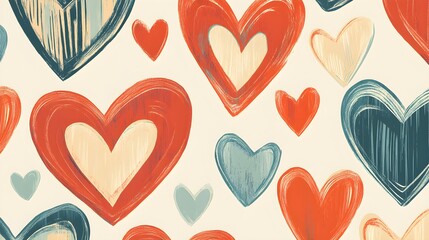 Wall Mural - Abstract Pattern of Hand Painted Hearts in Red, Blue and Beige