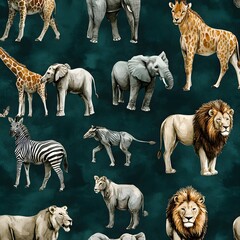 African Animals Watercolor Seamless Pattern