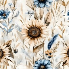 Canvas Print - Watercolor Sunflowers and Blue Flowers Seamless Pattern