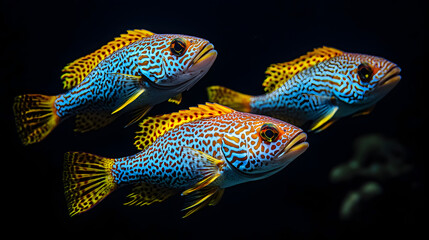 Sticker - a group of sweetlips fish on black background