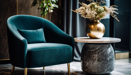 Wall Mural - Teal Velvet Armchair with Gold Legs and Marble Side Table