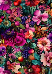 Wall Mural - Floral Pattern with Bright Colors and Fruits