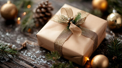 A beautifully wrapped gift box with a golden ribbon sits on a rustic wooden table surrounded by Christmas decorations.