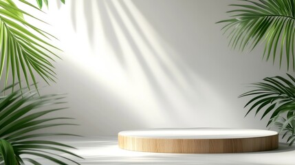 Wall Mural - White background with wooden podium and palm leaves, illuminated by natural sunlight.