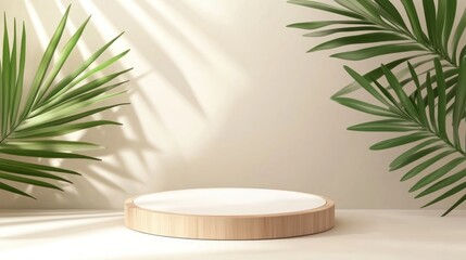 Wall Mural - Minimalistic wooden podium with tropical leaves on a neutral background.