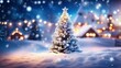 © Ascending Dragon - 雪に覆われたクリスマスツリーとガーランドライトが輝く冬のワイドスクリーン背景。生成AI