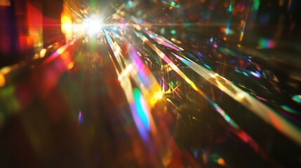 Abstract iridescent texture with bright light shining through a prism.