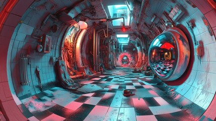 Wall Mural - A surreal, futuristic tunnel with a checkerboard floor and a large reflective sphere.