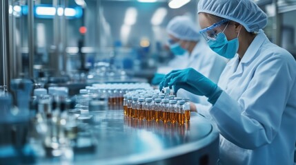 A scientist in a lab coat, gloves, and a face mask inspects vials of liquid in a pharmaceutical manufacturing facility.