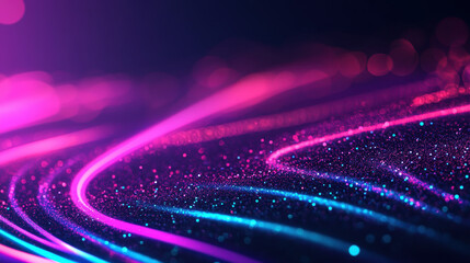 Poster - Abstract background with neon light trails and glittering particles, creating a futuristic and vibrant atmosphere.