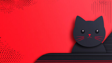 Poster - Modern abstract illustration featuring a minimalist black cat against a vibrant red background with geometric patterns.