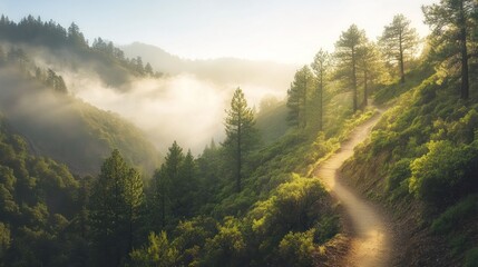 Wall Mural - A winding dirt path through a lush green forest with fog in the distance and sunlight streaming through the trees.